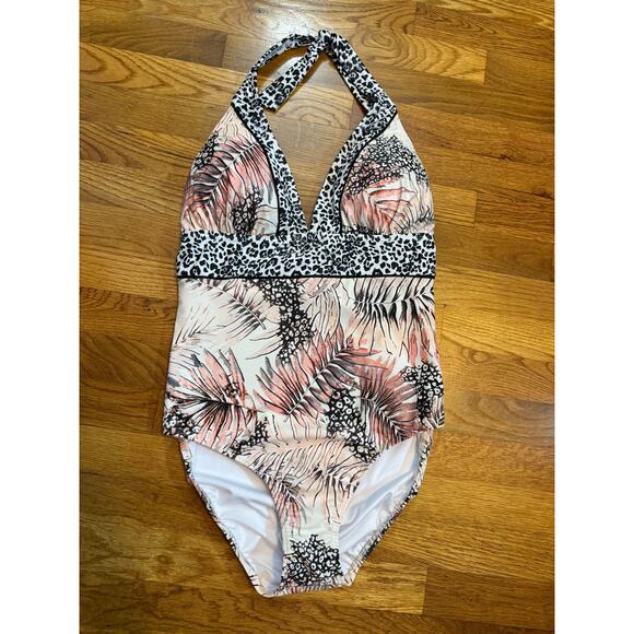 Venus Women’s 12 Pink Black Tropical Cheetah Print Halter One Piece Swimsuit - Picture 1 of 7